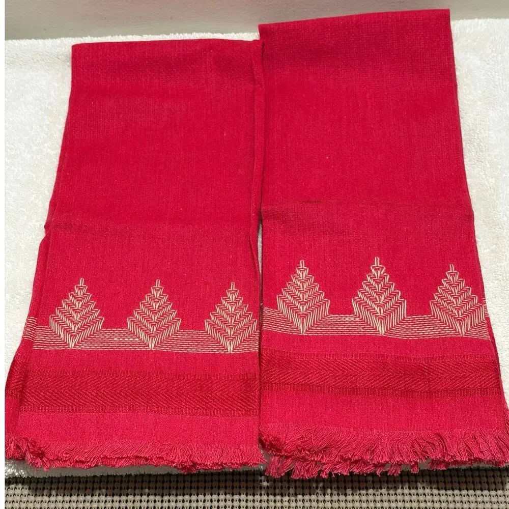 Handwoven Kitchen Towels Christmas Tree Red Fringe 28x16 Set of 2 Vintage